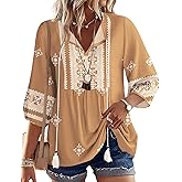 Rapbin Women Summer Boho Tops 3/4 Sleeve Pleated Blouses Casual V Neck Tie Front Spring Tunic Tops