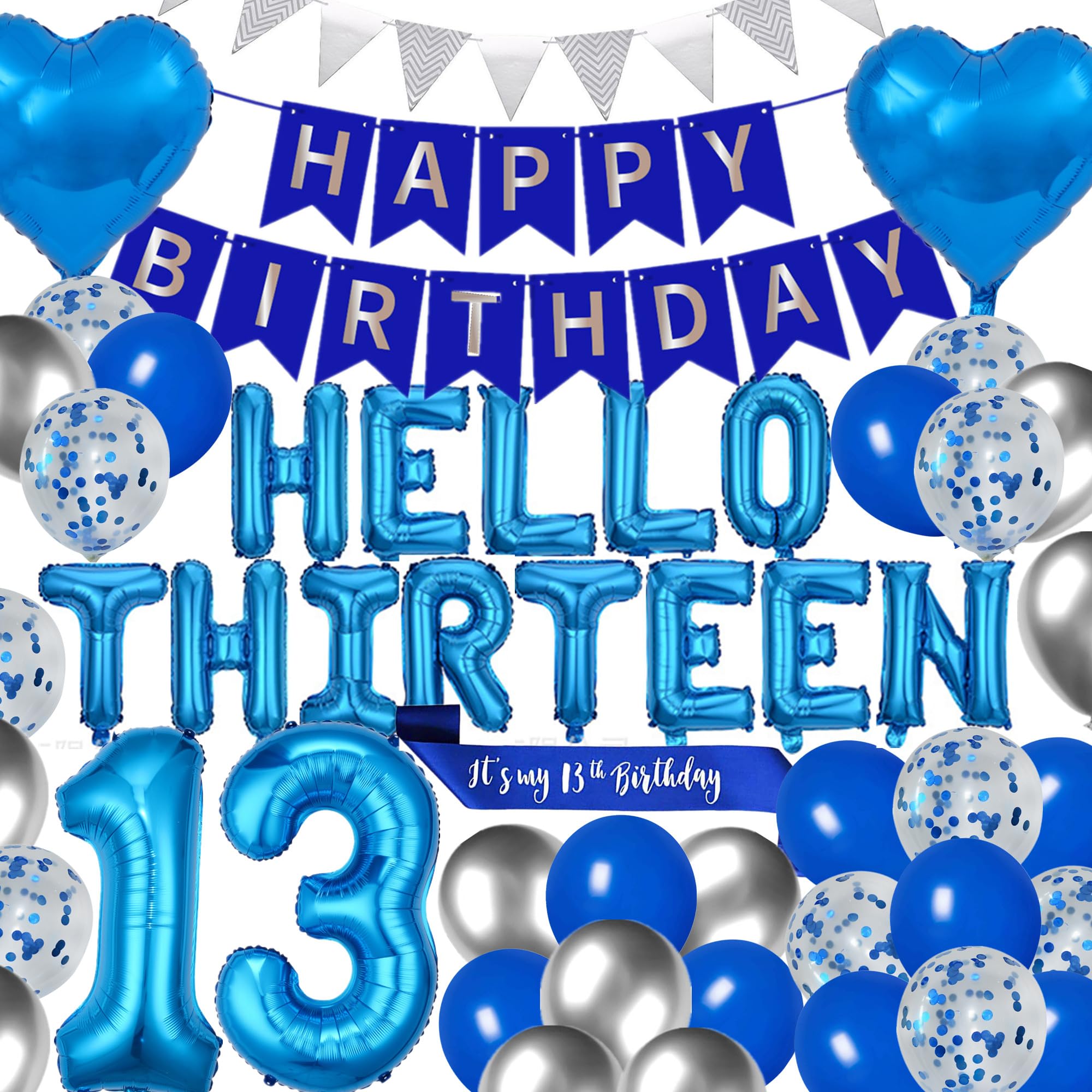 Photo 1 of 13th Birthday Party Decorations Birthday Hello Thirteen Party Balloons Blue 13th Birthday Sash Happy Birthday Banner for 13 Year Old Boys Birthday Party Supplies (Blue)
