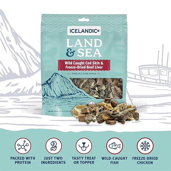 ICELANDIC+ LAND & SEA WILD CAUGHT COD SKIN & FREEZE-DRIED BEEF LIVER – 6.75OZ BAG, DOG TREAT & FOOD TOPPER, 2 INGREDIENTS, NO PRESERVATIVES, NATURAL