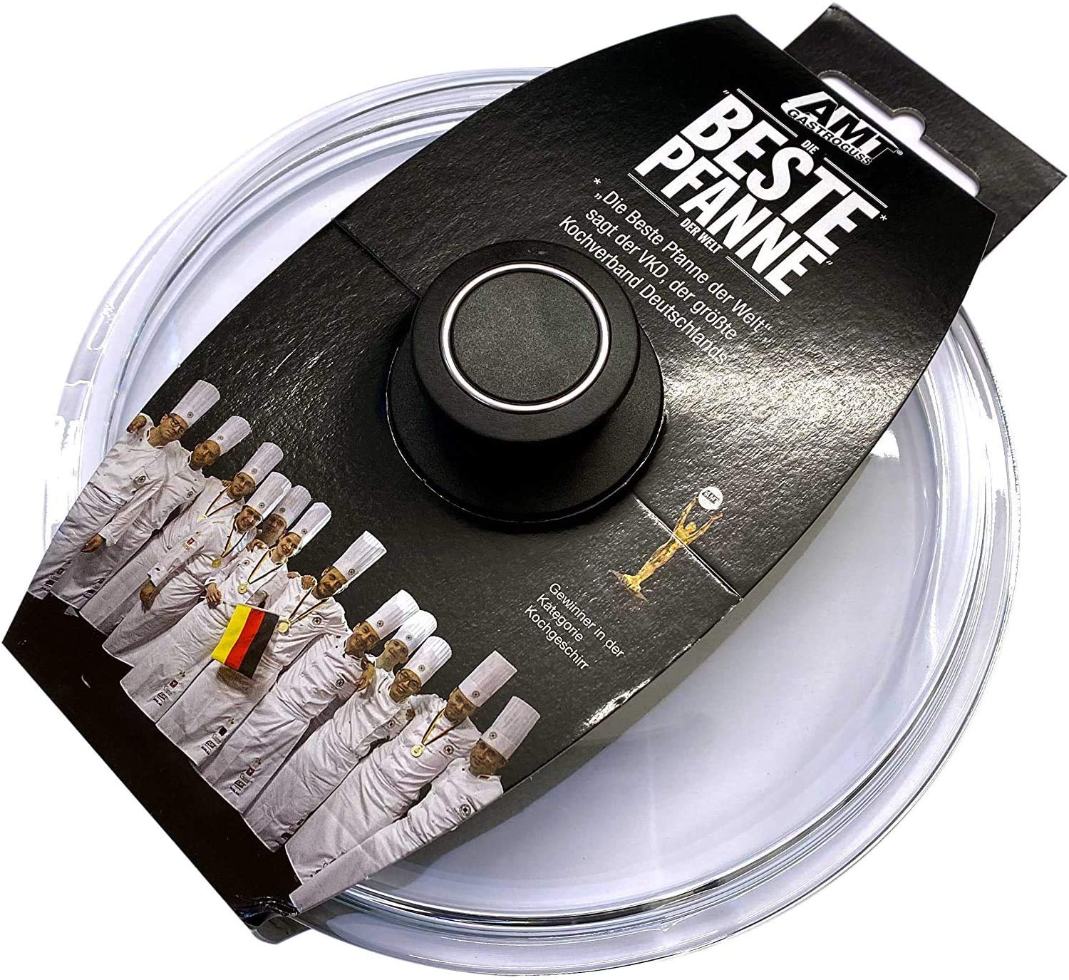 AMT Gastroguss AMT AMZN-018-Z1-L2 Round Glass Lid with Lid Knob and Original Bandole, Diameter 18 cm, Oven-Safe, Suitable Products (Frying Pans, Braising Pans, Cooking Pots, etc.)
