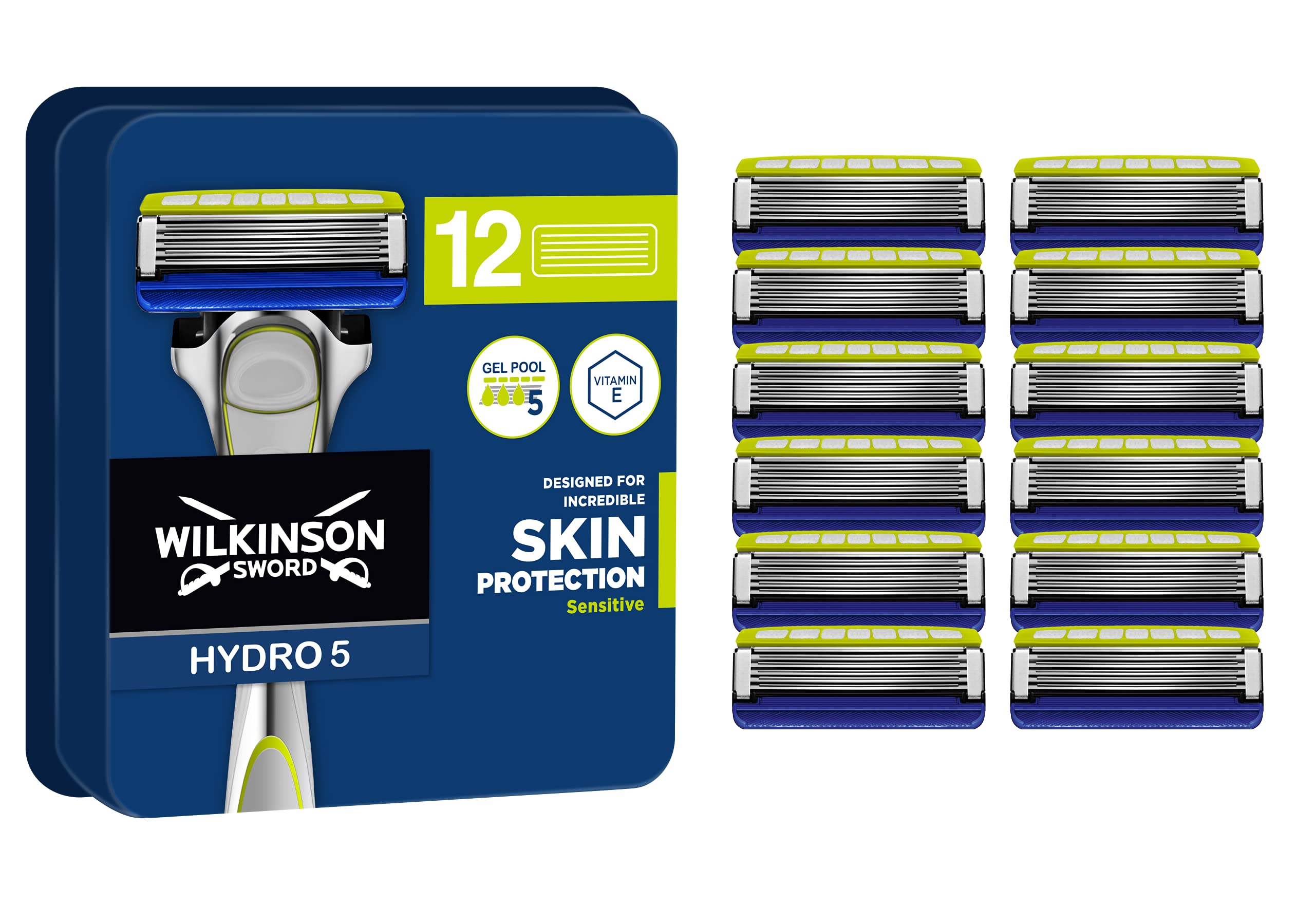 Wilkinson Sword Hydro 5 Sensitive Men’s Razor Refills, Great Addition to Wash Bags for Men's Grooming, Great Shavers for Routine Shaving, 12 Refill Razor Blades Pack