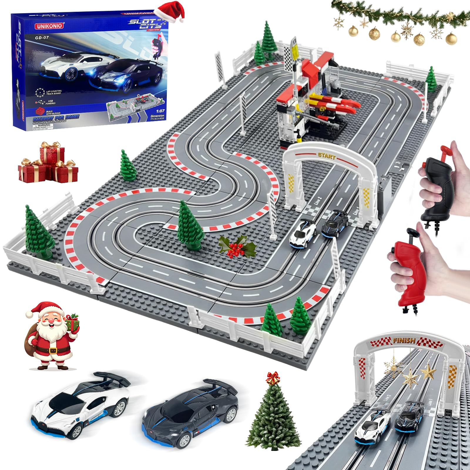 UNIKONIO Slot Cars Race Track Sets, 1:87 Block Building Slot Toy Race Set, 2 Controllers 2 Cars, Adjustable Speed, Dual Racing, Christmas Halloween Toys Gifts - 07