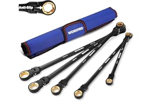 WORKPRO Extra Long Flex-Head Ratcheting Wrench Set, 5-piece Anti-Slip Double Box Wrenches Set, Metric 8-19 mm, 72-Teeth, Cr-V Steel and Black Electrophoretic Coating Wrenches with Rolling Pouch