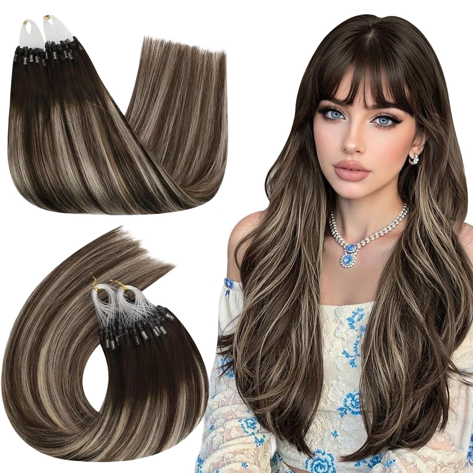 Ugeat Micro Beads Hair Extensions Real Human Hair Balayage Brown Blonde 14 inch Micro Ring Hair Extensions Human Hair Ash Blonde Balayage for Women 50G/50S #4/18/4 โ image 1