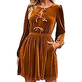 Simplee Womens Fall Velvet Dress Long Sleeve Bow Tie Front Babydoll A Line Cocktail Party Christmas Holiday Dresses