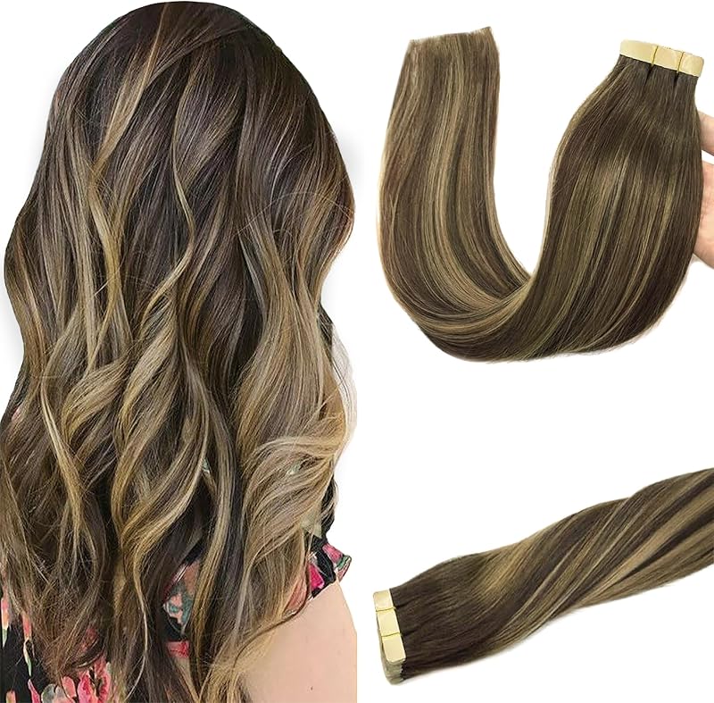 GOO GOO Tape In Hair Extensions 20pcs 50g 14in Balayage Chocolate to Strawberry