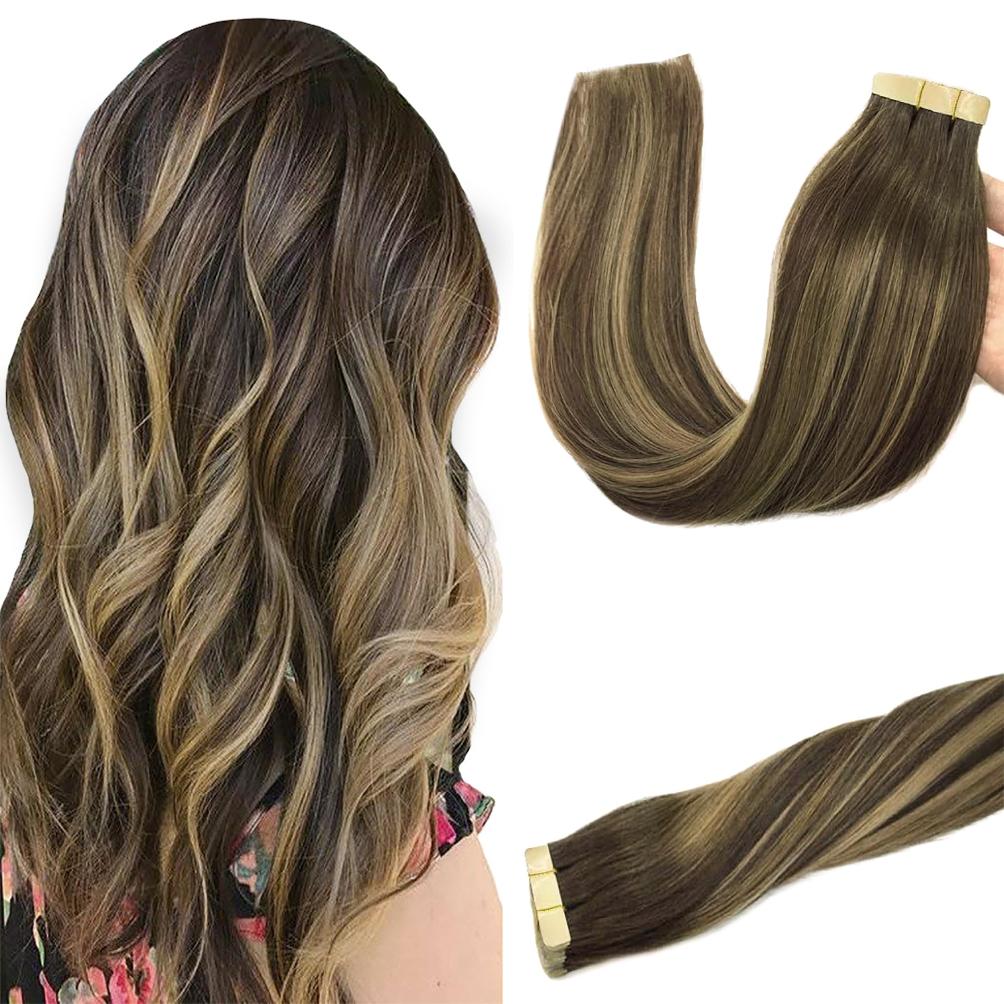 GOO GOO Tape in Hair Extensions Human Hair, 20pcs 50g 14inch, Balayage Chocolate Brown to Strawberry Blonde Real Remy Hair Extensions Seamless Straight Human Hair Extensions — image 1