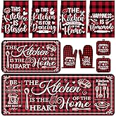Fourluoo 10 Pcs Farmhouse Kitchen Decor and Accessories Set 4 Kitchen Towels 2 Pot Holders 2 Oven Mitts 2 Rugs for Cooking Baking Mom Housewarming Gifts(Red White,Classic Style)