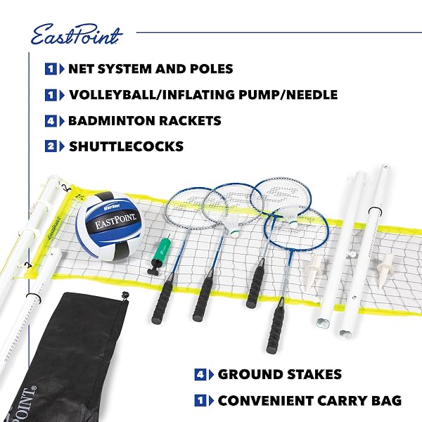 EASTPOINT 2-IN-1 VOLLEYBALL NET & BADMINTON SET – BLACK STEEL POLES – EASY SETUP FOR BEACH & CAMPING GAMES – PORTABLE VOLLEYBALL NET – INCLUDES 4 BADMINTON RACKETS & SHUTTLECOCKS FOR OUTDOOR GAMES