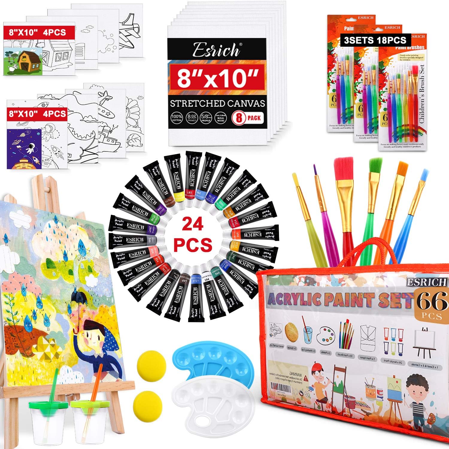 Acrylic Paint Set for Kids,66 PCS Art Supplies with Brushes, Acrylic Paint, Palette, Easel, Art Smock, Blank and Themed Drawing Board, Brush Cup and Sponges: Home & Kitchen