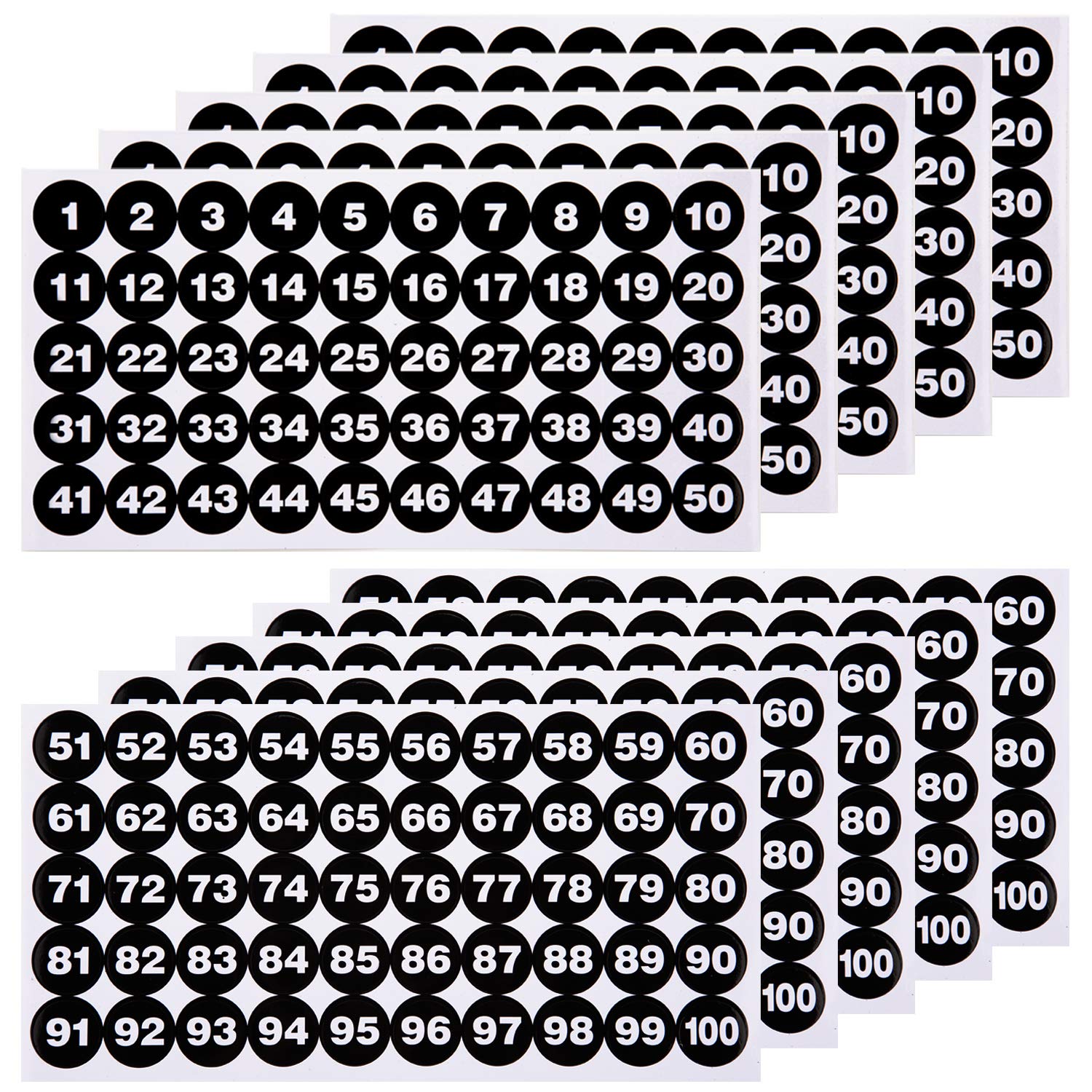 LUTER 10 Sheets Number Stickers 5 Sets of 1-100 Vinyl Number Sticker Waterproof Labels for Sorting, Organizing, Storage Boxes, Lockers, Indoor& Outdoor, Office&School Supplies (Black, 1 inch)