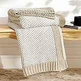 Amélie Home Honeycomb Knit Throw Blanket for Couch, Dual-Sided Soft Chenille Decorative Blankets for Sofa & Chair, 50"x60", Khaki & White