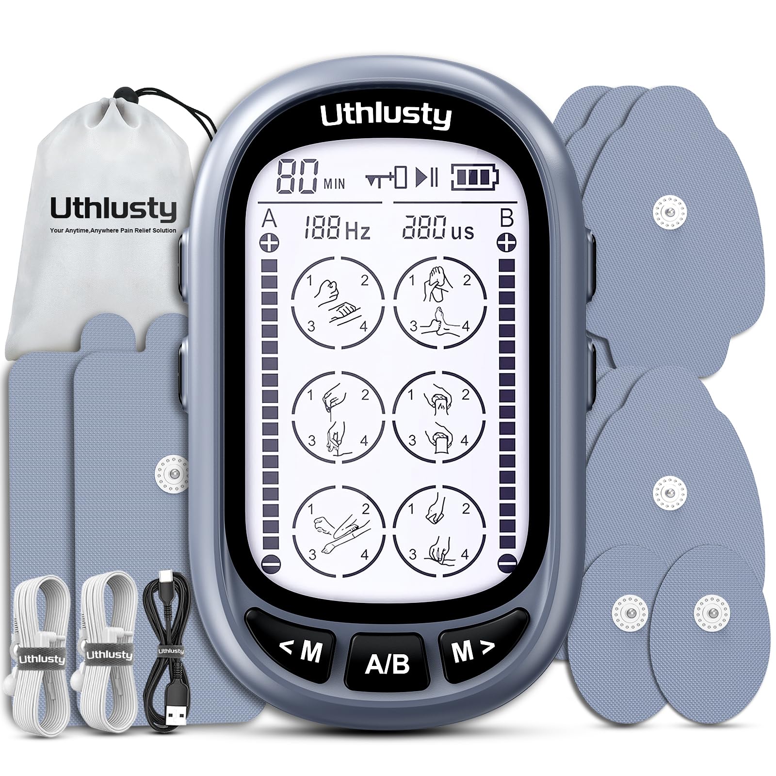 Photo 1 of TENS Unit Muscle Stimulator for Pain Relief Therapy, Dual Channel TENS & EMS Machine with 24 Modes, 36 Intensity Levels, Large Screen Design, 10 Reusable Pads – Light Grey (Button Layout A)