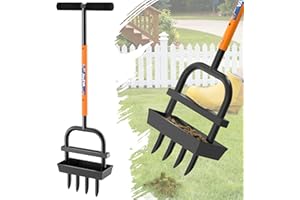 JouZYA Lawn Aerator Coring Tool with Soil Core Collection Tray, 4 Tines Manual Yard Air Grass Aerator Gardening Tool for Lawn Care Courtyard,Orange (Coral)