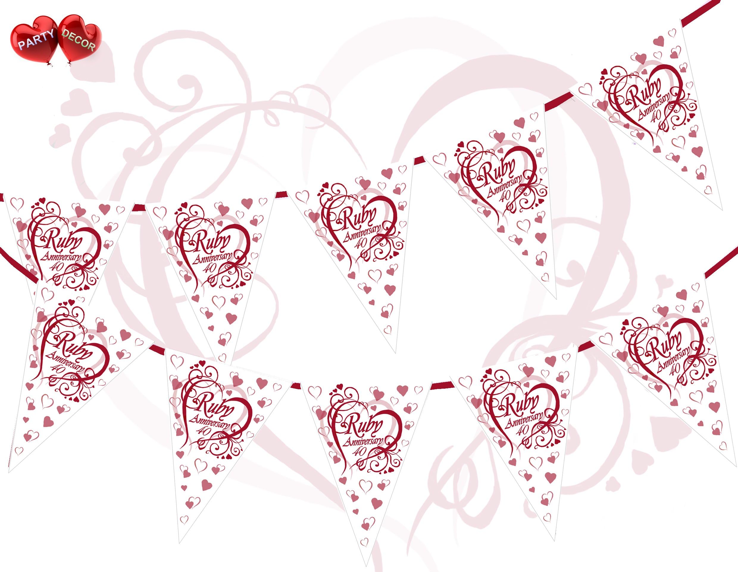 40th Ruby Anniversary Heart Themed Bunting Banner 15 flags for guaranteed simply stylish party decoration by PARTY DECOR
