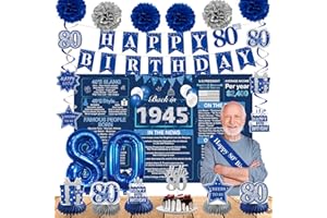 Crenics 80th Birthday Decorations for Men or Women - Back in 1945 Birthday Backdrop, 80th Birthday Banner, Swirls, Honeycomb, Sash, Cake Topper and Balloons for 80 Birthday Party Supplies