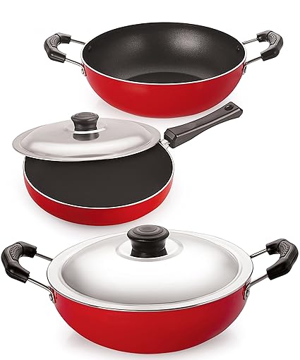 Nirlon Non-Stick Aluminium Cookware Set, 3-Pieces, Red/Black (2.6mm_FP13_KD12_DKDB)