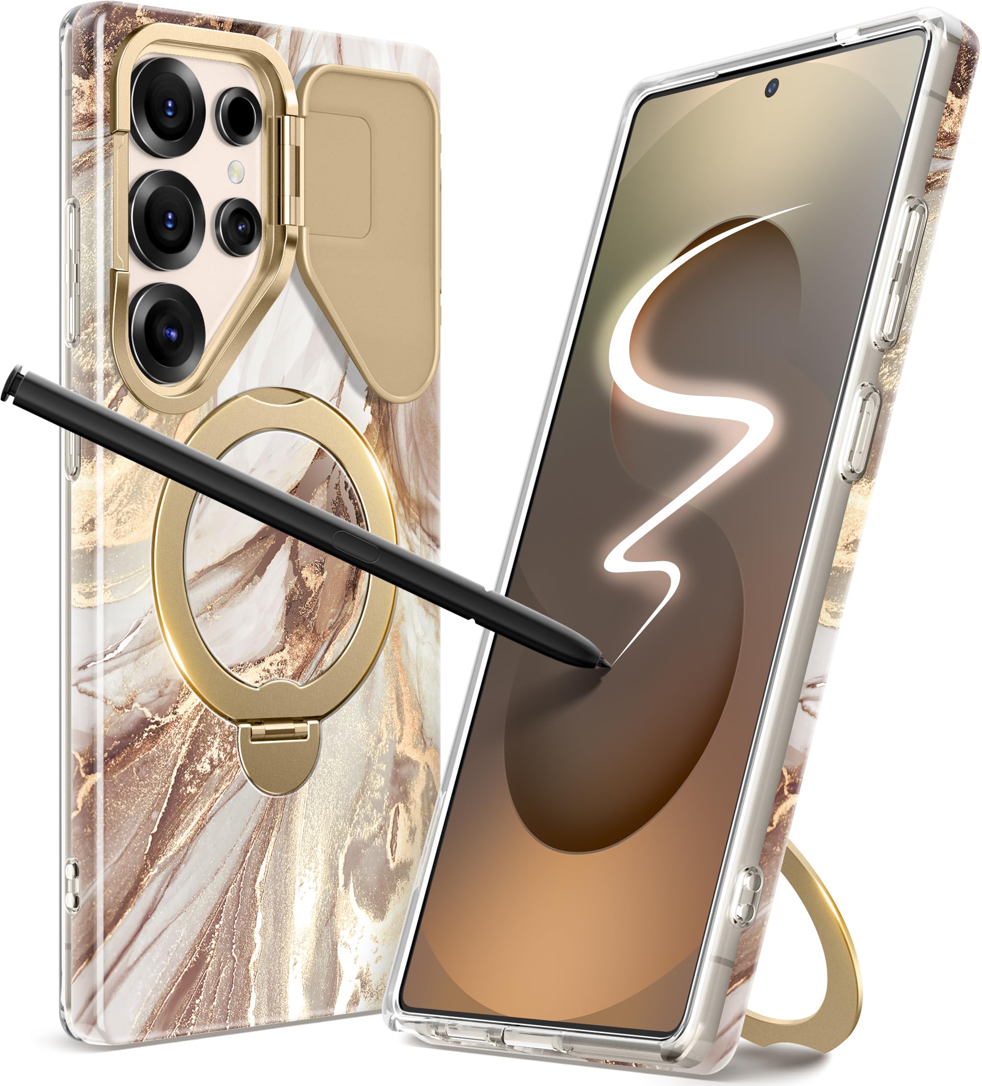 Photo 1 of GVIEWIN Magnetic for Samsung Galaxy S25 Ultra Case, [Compatible with Magsafe][Camera Cover Kickstand & 360° Spin Ring Holder] Marble Hard PC Rugged Protective Phone Case for S25 Ultra 6.9"(Topaz/Gold)