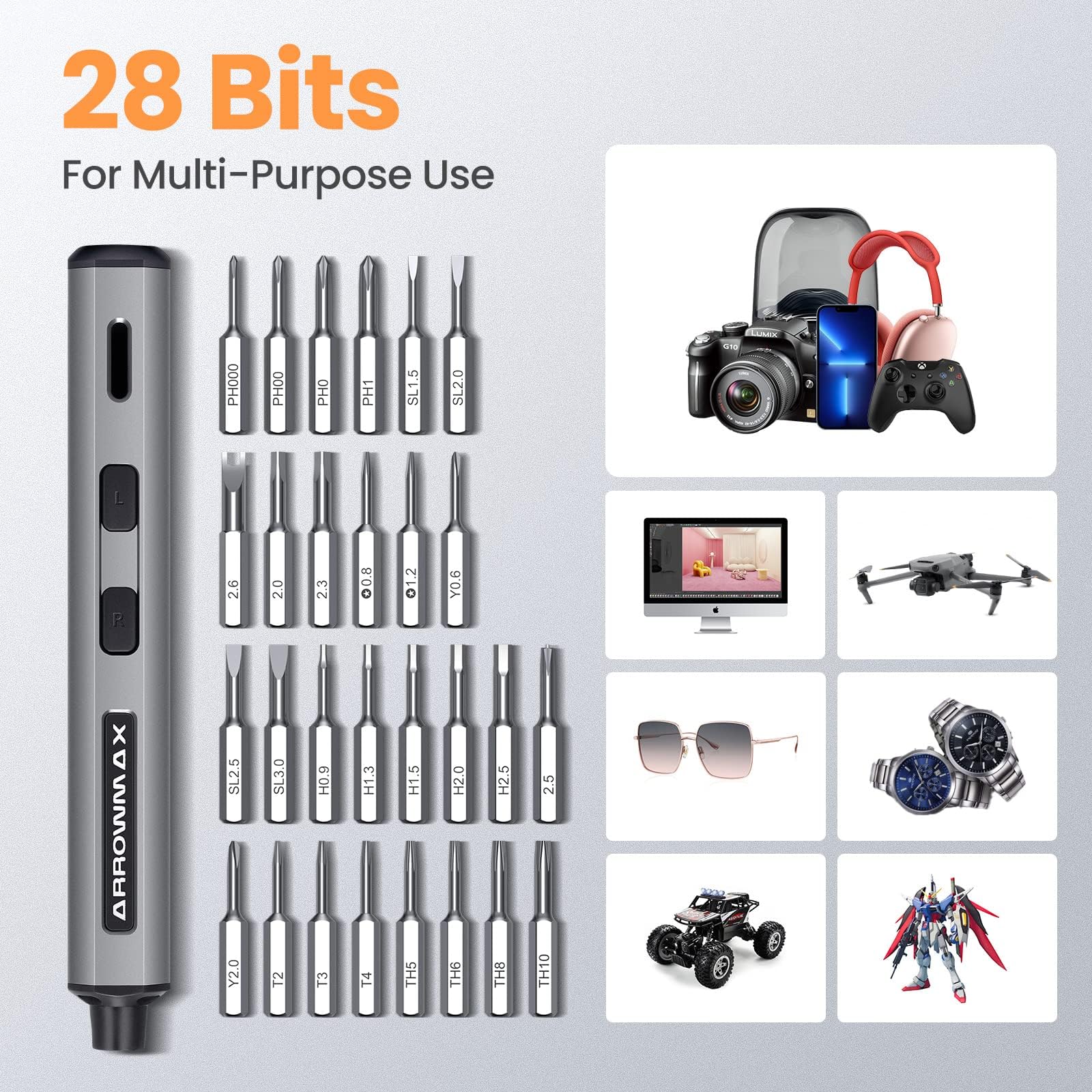 AM ARROWMAX Mini Electric Screwdriver, Precision Screwdriver Set w/ 28 Magnetic Bits, Red Dot, IF Winning Design, Rechargeable Cordless Screwdriver for Phone, Laptop, Watch, RC(SES MINI) Grey