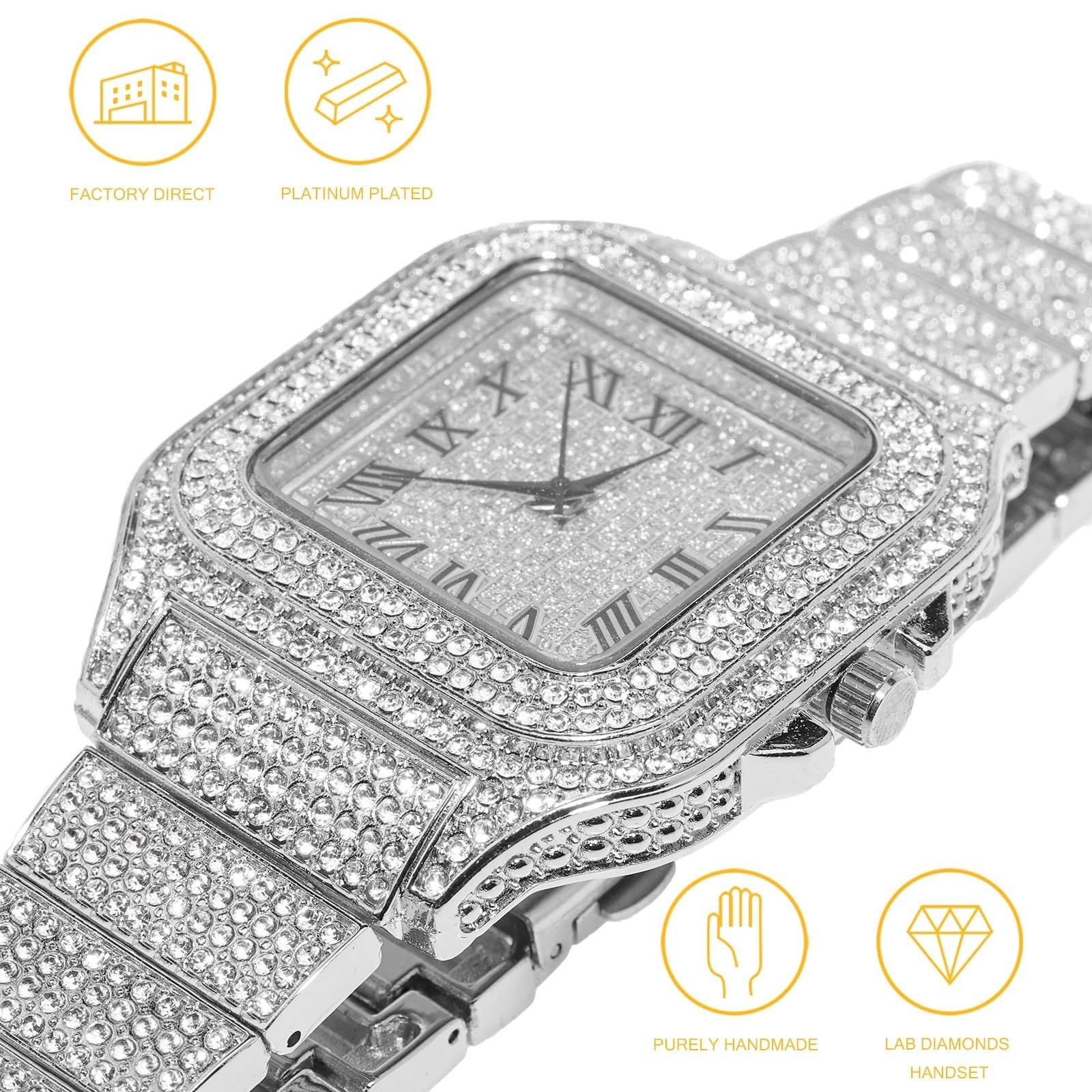 Halukakah Diamond Gold Watch Iced Out, Men's 18 Carat Real Gold/Platinum White Gold Plated Quartz Bracelet 24 cm Square Dial, with Tennis Chains Necklace Bracelet Set Options, Comes with Gift Box