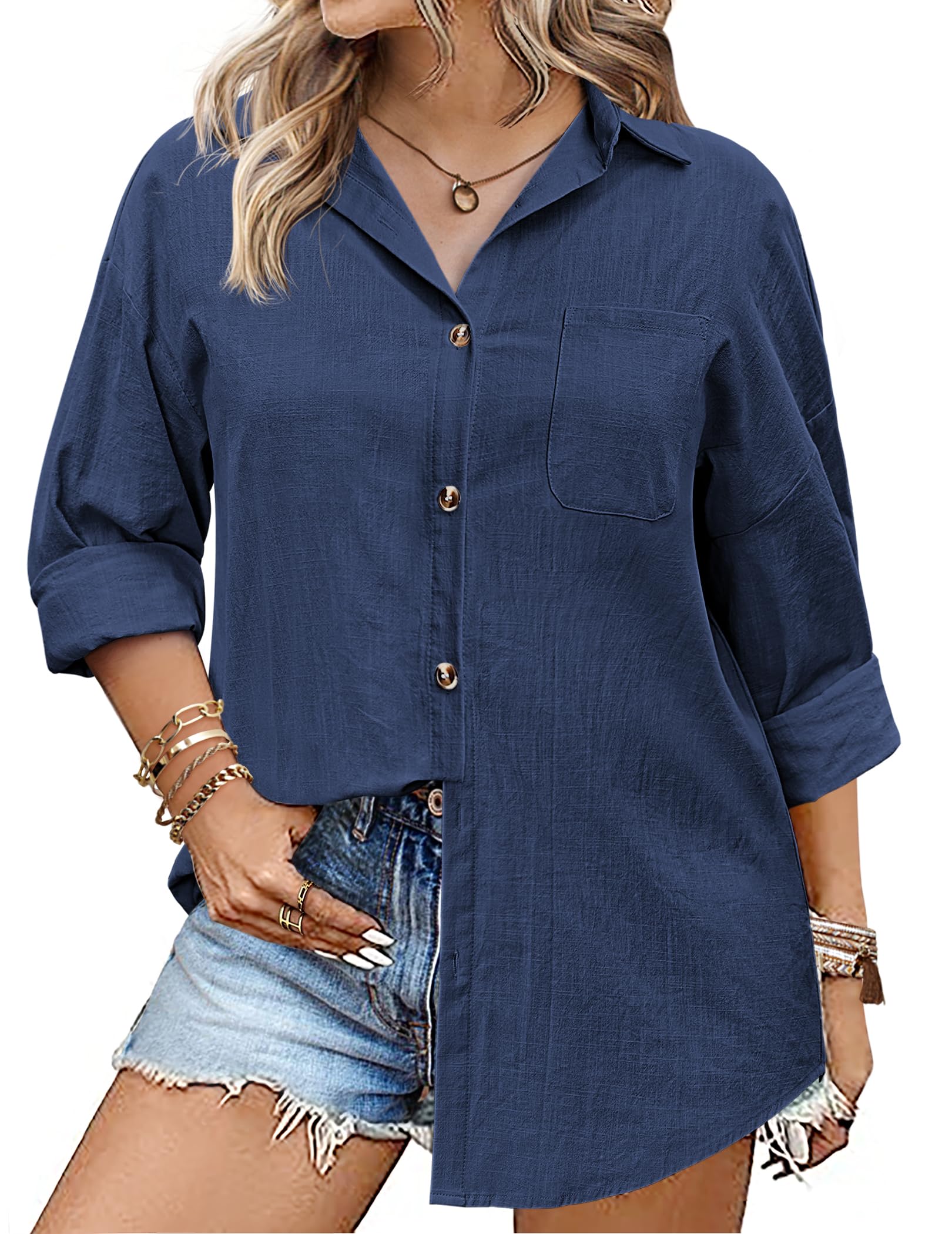 IN'VOLAND Plus Size Linen Shirts for Women Cotton Button Down Shirt ...