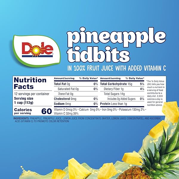 DOLE PINEAPPLE TIDBITS IN 100% JUICE – DOLE FRUIT BOWLS SNACKS – 4 OZ FRUIT BOWLS – 12 PACK