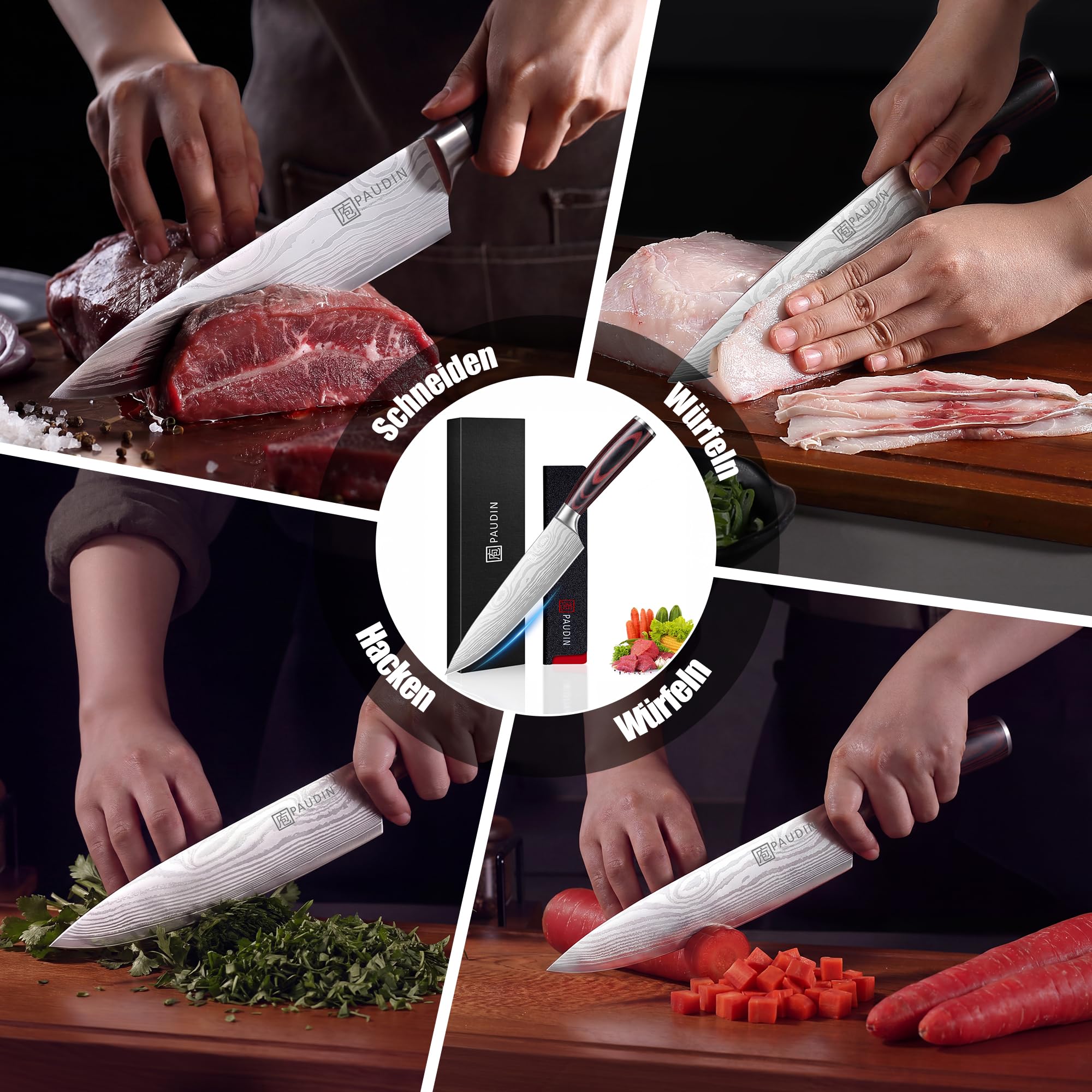 PAUDIN Kochmesser, Klingenlänge 20 cm Profi Küchenmesser Messer Chefmesser Allzweckmesser aus hochwertigem Carbon Edelstahl, Extra Scharfe Messerklinge mit ergonomischem Griff 4