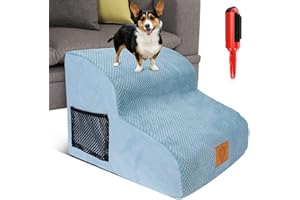 Kphico Pet Stairs,Non-Slip 2 Steps Pet Ramp with Washable Cover,High Density Sponge Dog Steps for Puppies, Older, and Injured Pets - Send 1 Pet Hair Remover(Blue)