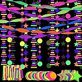 700ft Neon Paper Garland Glow in Dark Paper Streamers UV Reactive Round Dot Star Kit Banners for Neon Party Supplies, Wedding Decorations, Birthday Parties