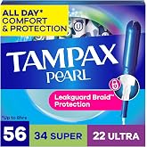 Tampax Pearl Tampons for Women Multipack, with LeakGuard Braid, Super/Ultra Absorbency, Unscented, 56 Count