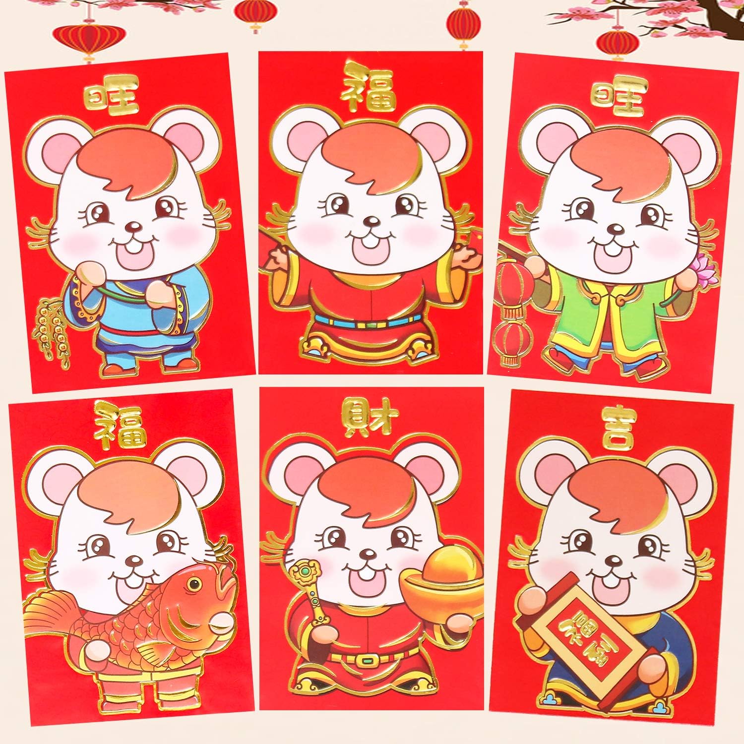Chinese Red Envelopes, 36pcs Cartoon Mouse Red Envelopes with 6 Designs Hongbao Lucky Money Red Packets, JmYo Chinese 2020 Lunar Rat Year Lai See for Chinese Spring Festival, Birthday, Weddings