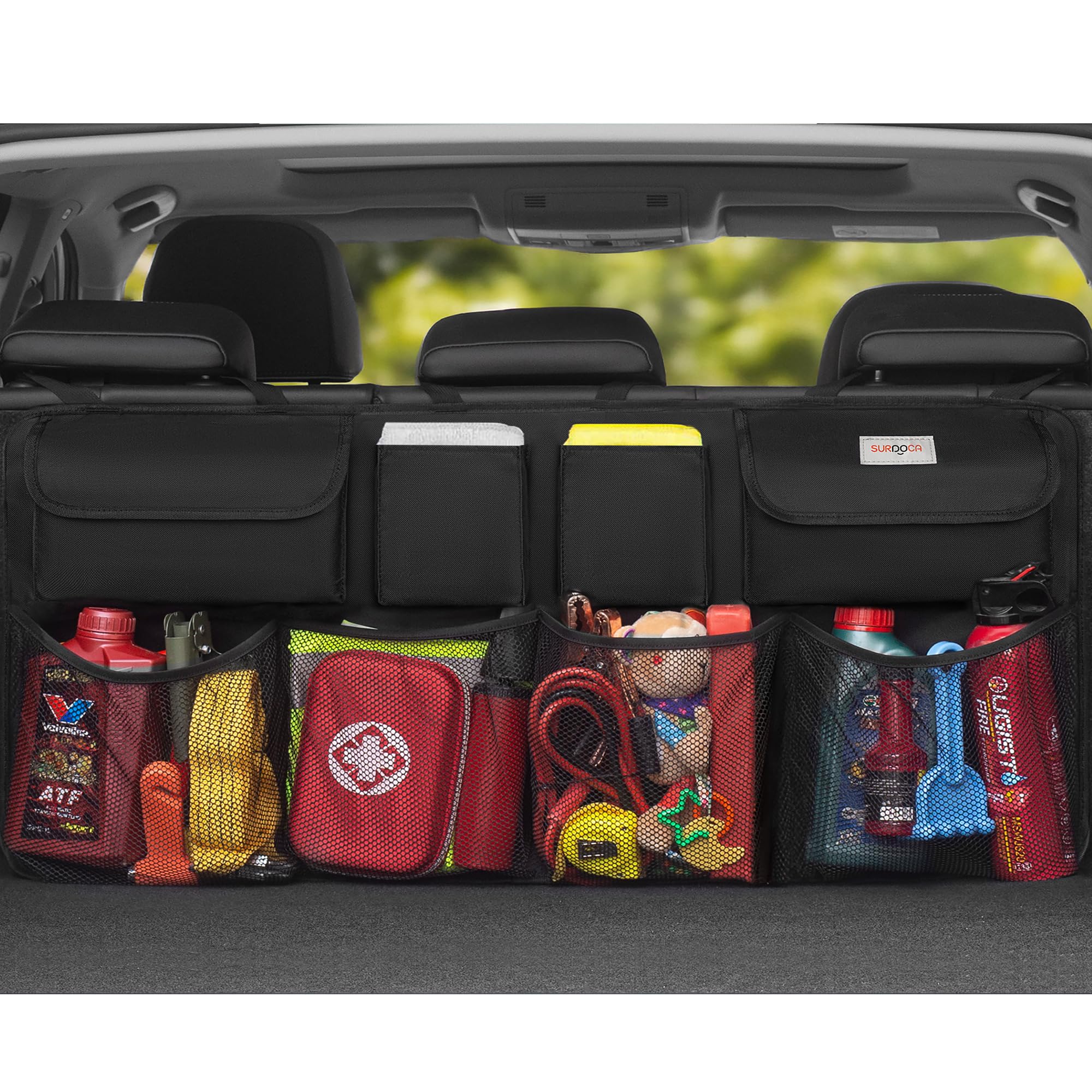 SURDOCA Car Boot Organiser 3rd Gen [7 times Upgrade] Super Capacity Car Organiser, Equipped With [Robust Elastic Net & 4 Magic Stick] Tidy Storage Bag, Space Saving Exper,Black