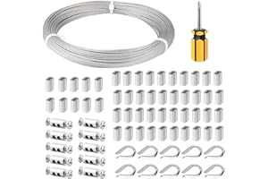FSHIHINE 1/16 Wire Rope, 304 Stainless Steel Cable Wire, 164ft Hanging Wire 7x7 Strand Core with Wire Rope Clips, Thimbles, Aluminum Sleeves and Screwdriver for String Light Hanging, Garden Wire, Clothesline