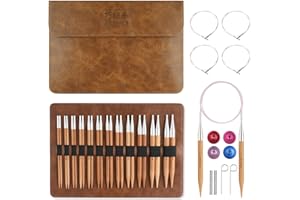 Guclud Bamboo Knitting Needles Set, 5-Inch Interchangeable Circular Knitting Needles US 4-15 (3.5-10mm),12 Pairs of Hand-Poli