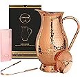 New Launch 100% Pure Copper Pitcher 70 Ounces | Handmade Hammered Large Jug with Lid | Free Tounge Scraper | Water Mugs Unlined Uncoated Chemical Free for Ayurveda Health Benefits | for Home & Gifting
