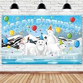 SMENGGIL Polar Bear Happy Birthday Banner Backdrop Photography Background Hanging Birthday Party Decorations Supplies for Winter Woodland Animal Theme Kids Boys Girls Adults Decor 70.8 * 43.3in