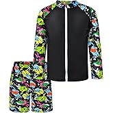 Boys Two Piece Rash Guard Swimsuits Long Sleeve Zipper Swim Shirt and Trunks Bathing Suit Swimwear Set
