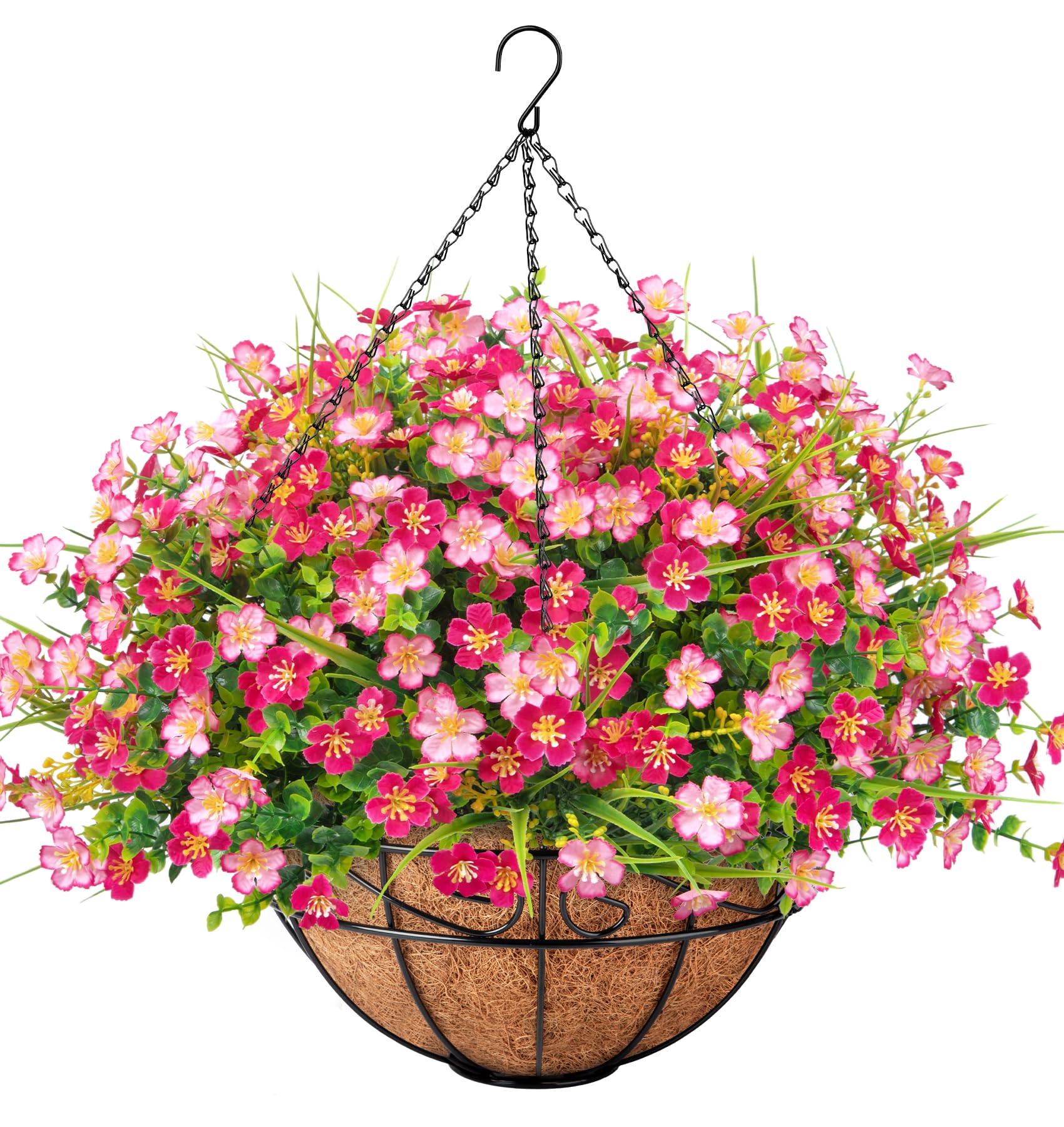 Photo 1 of Ouddy Decor Artificial Hanging Flowers with Basket, Faux Silk Flowers in Coconut Lining Basket, Spring Summer Outdoor Decor Fake Hanging Plants for Garden Patio Yard Porch Lawn, Pink