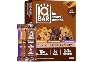 IQBAR Brain and Body Plant Protein Bars - Chocolate Lovers Variety - 12-Count - Keto, Vegan, Low Carb, High Fiber, Gluten Free, Dairy Free, Low Sugar Snack with Nutrients for Focus, Energy, Meal Replacement