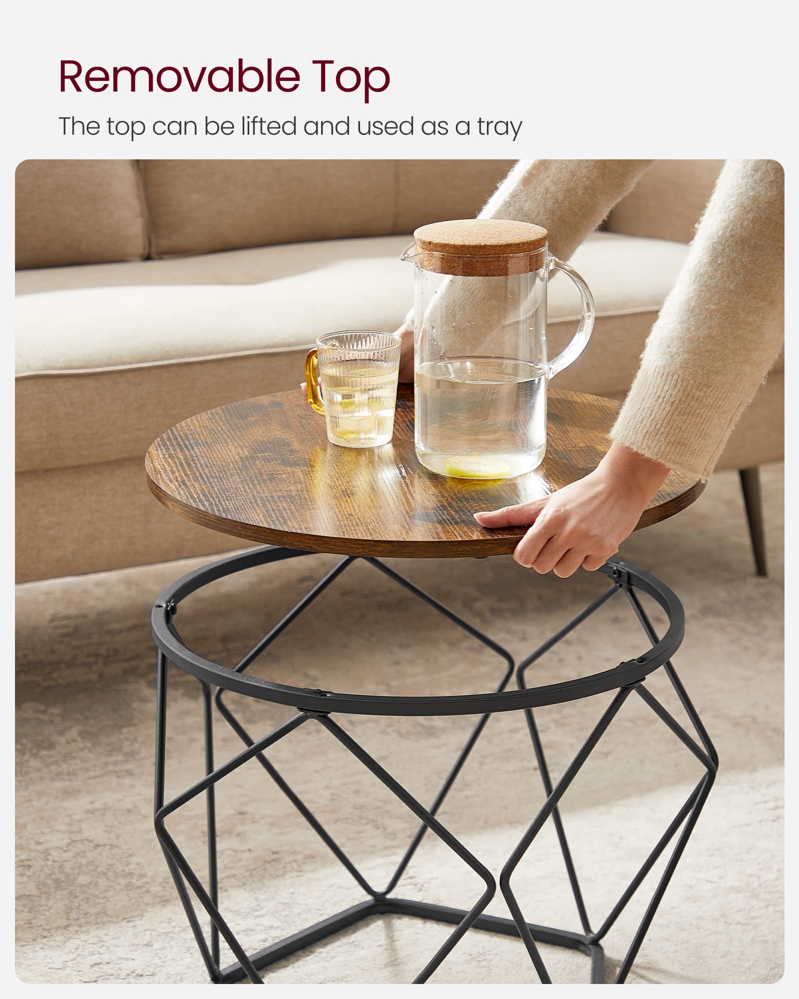 VASAGLE Small Coffee Table Set of 2, Round Coffee Table with Steel Frame, Side End Table for Living Room, Bedroom, Office, Rustic Brown and Ink Black