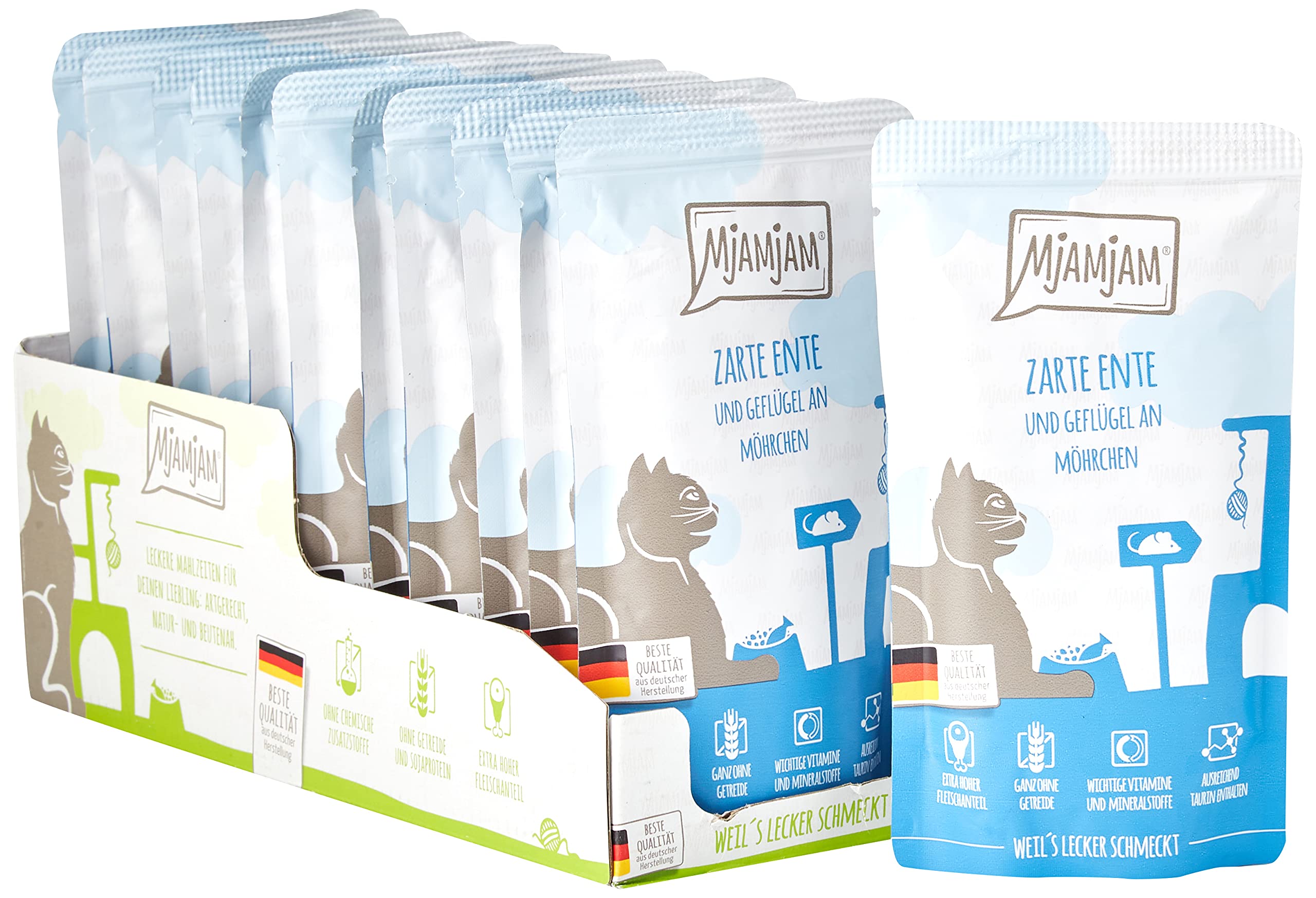 MjAMjAM - premium wet food for cats - Quetschie - tender duck & poultry with delicious carrots, pack of 12 (12 x 125 g), grain-free with extra meat