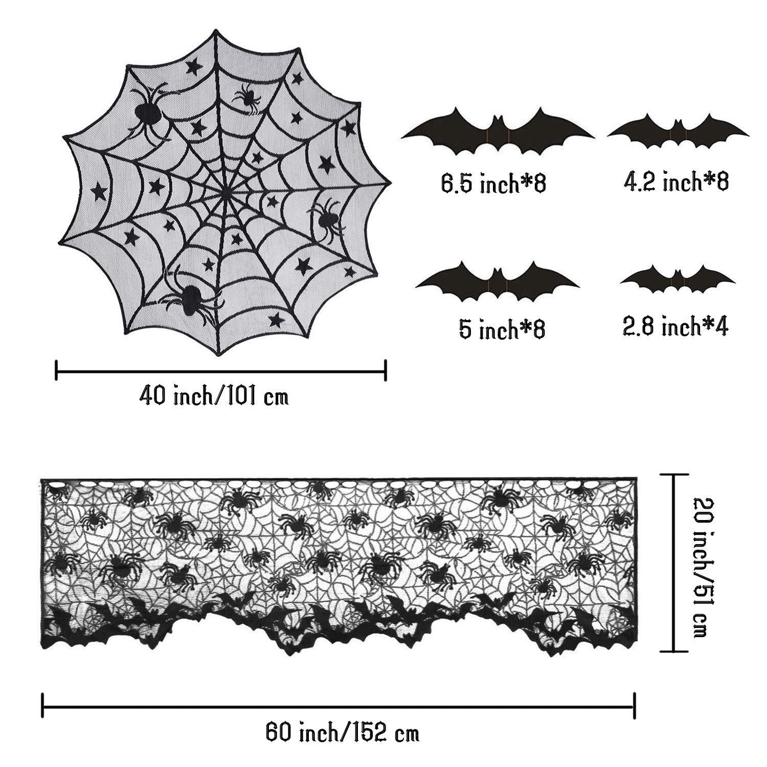 32-Pack Halloween Decorations Sets, Halloween Tablecloth Spooky Bat Spiderweb Lace Tablecloth, Round Lace Table Cover, Halloween Lamp Shades, Fireplace Scarf Cover and Halloween 3D Bats Wall Stickers