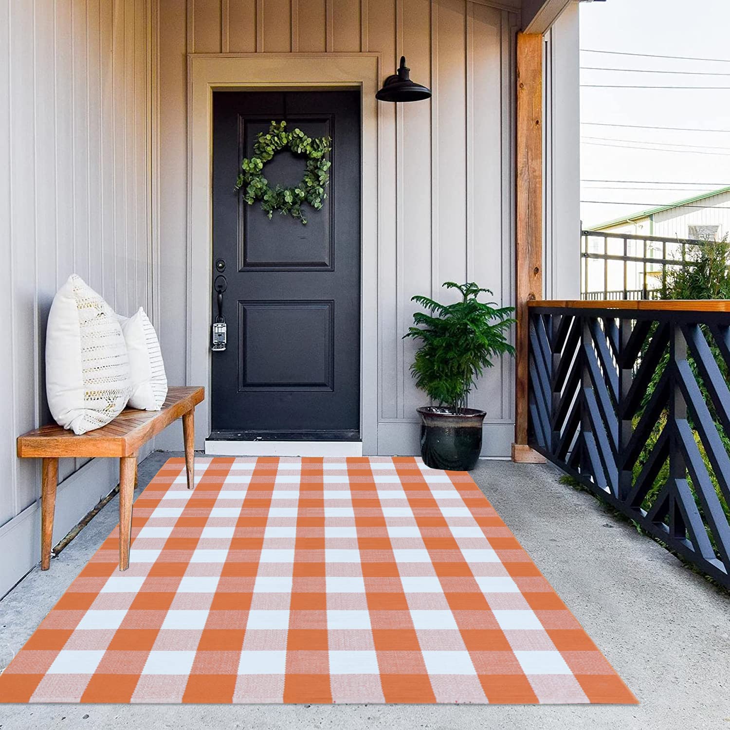 MUBIN Cotton Orange and White Plaid Rug, 4'x6' Fall Outdoor Front Door Decorative Mat, Hand-Woven Rug for Layered Door Mats Washable Carpet for Porch, Entryway, Farmhouse, Autumn, Halloween Image