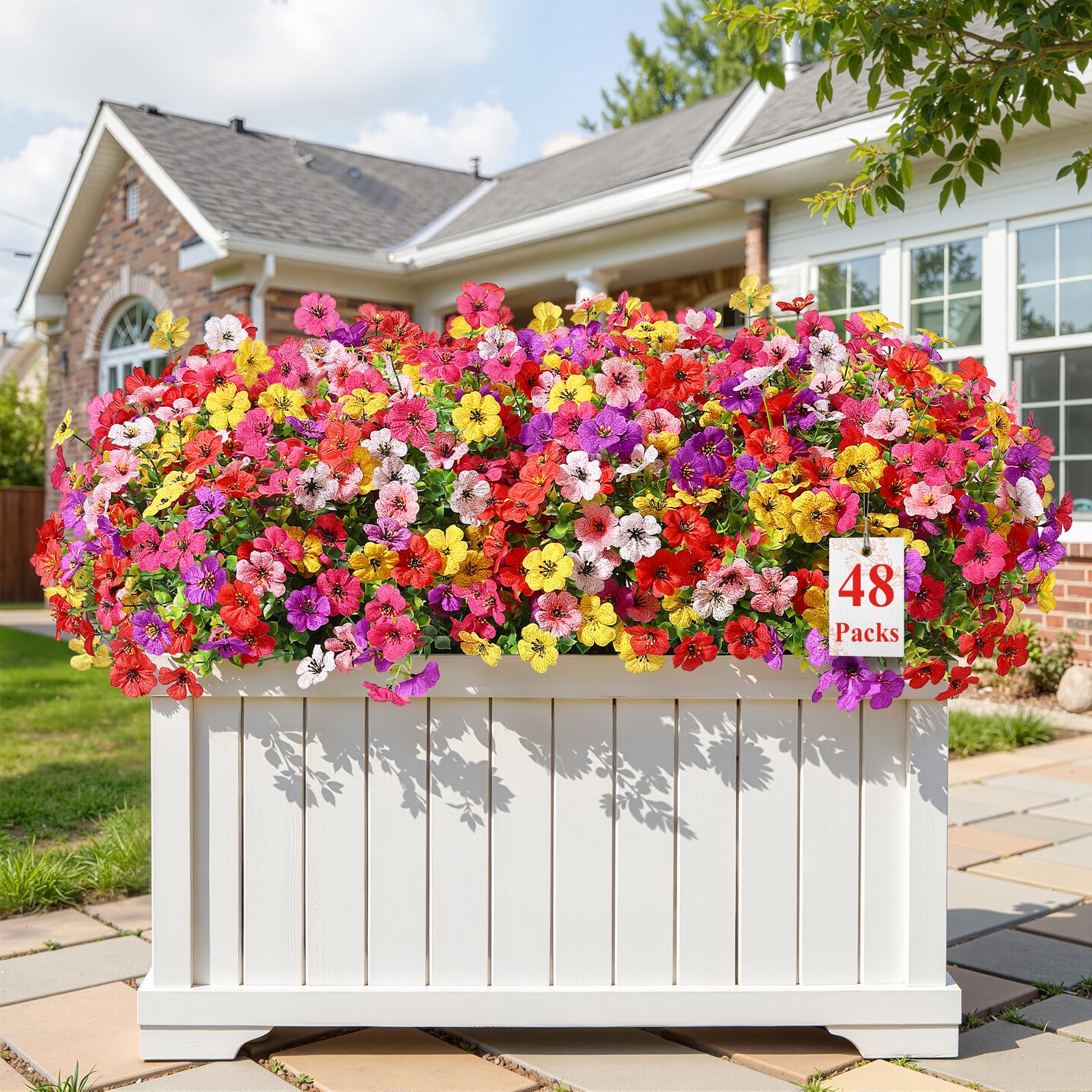 Alupssuc 48 Bundles Artificial Flowers for Outdoors Decoration, UV Resistant Silk Faux Daisy Flora Spring Fake Plastic Plants Greenery for Outside Indoor Yard Home Porch Window Box Decor, Mix 6 Colors Image