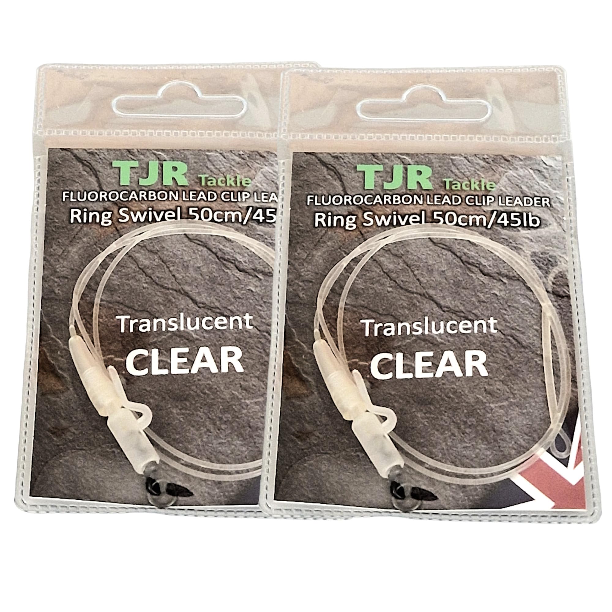 Twin pack 50cm fluorocarbon carp Leaders Carp safety lead Clips Ring swivels (Clear)