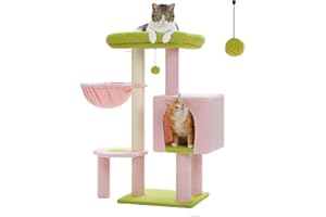 MUTTROS Flower Pink Cat Tree, 35.4" Cute Cat Tower Cat Condo for Indoor Cats w/Large Padded Perch, Cat Scratching Post, Comfy Hammock, and Dangling Ball, for Small-Medium Cats, Green