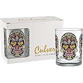 Culver Festive Sugar Skulls Decorated Double Old Fashioned Tumbler Glasses, 13.5-Ounce, Gift Boxed Set of 2 (Clear)