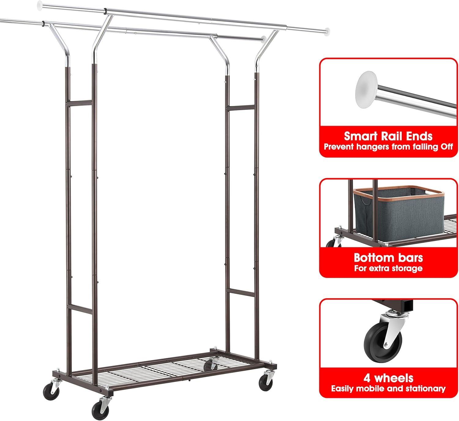 Simple Trending Double Rail Clothing Garment Rack, Heavy Duty Commercial Grade Rolling Clothes Organizer with Wheels and Bottom Shelves, Holds up to 250 lbs, Bronze and Chrome: Home Improvement