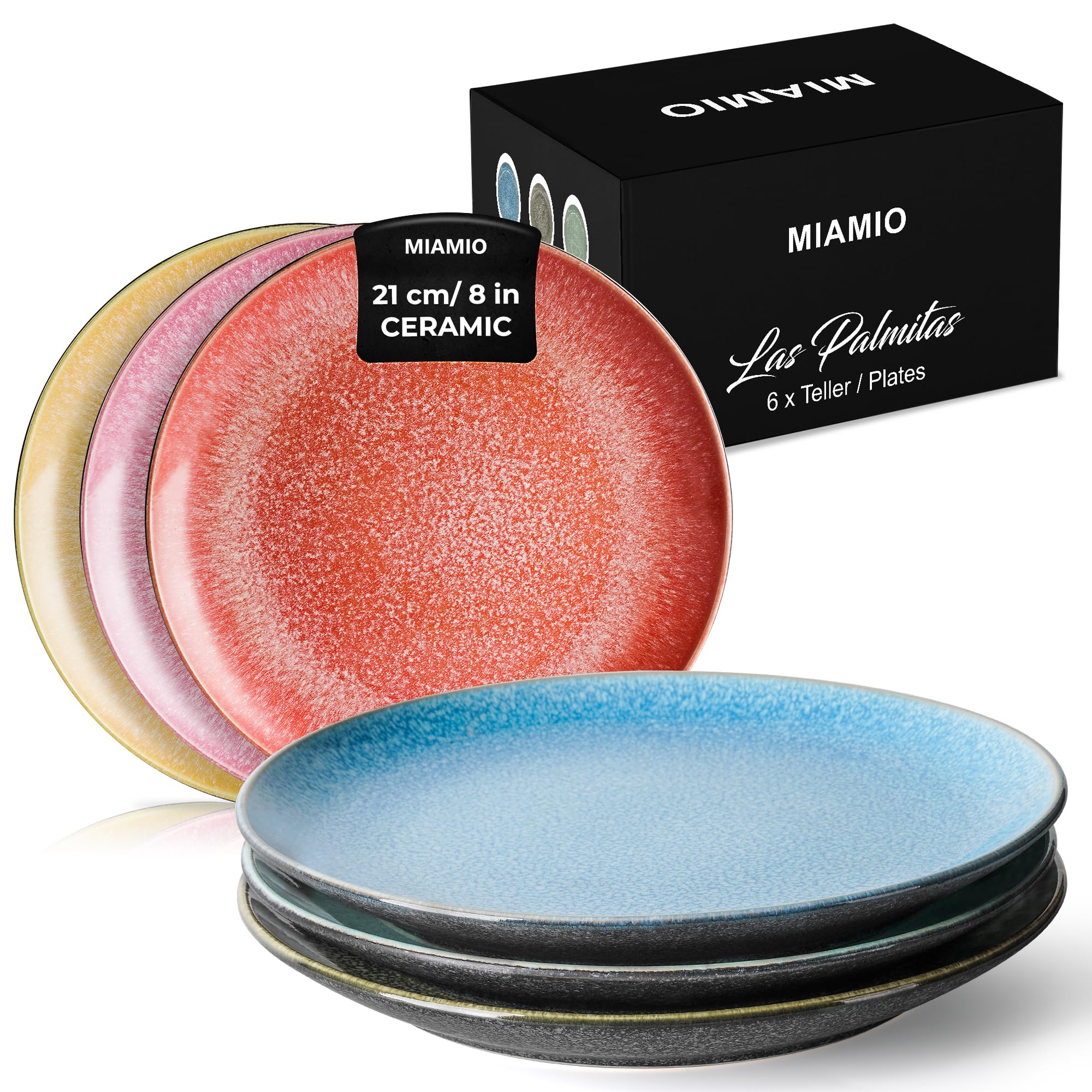 MIAMIO Dinner Plates Set of 6, 21 cm, Ceramic, Microwave, Oven & Dishwasher Safe - Las Palmitas Collection
