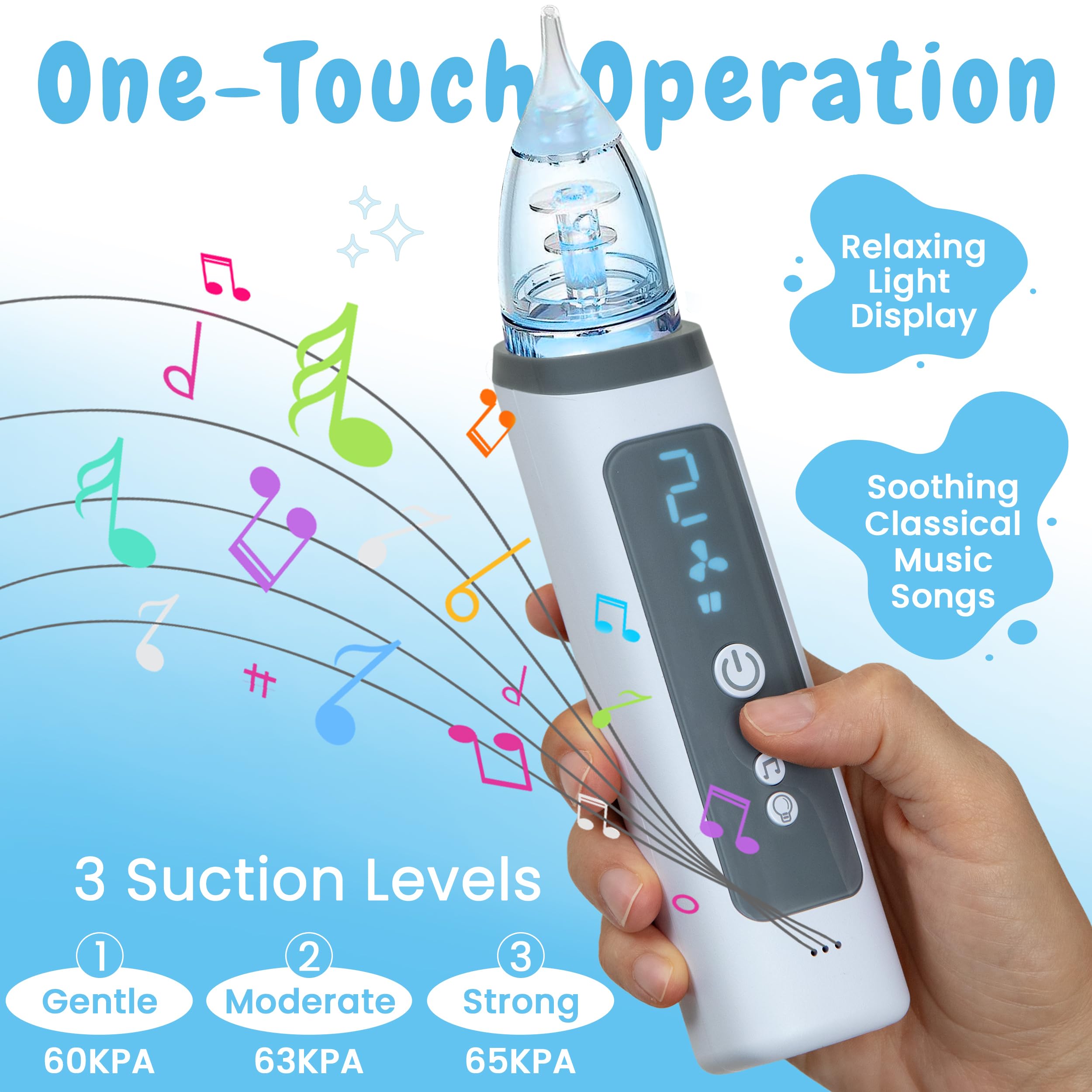 Electric Nasal Aspirator for Baby – Baby Nose Sucker with Adjustable Suction, Music & Light – Portable Nose Cleaner with Soft Silicone Tips for Infant Congestion Relief – USB Rechargeable